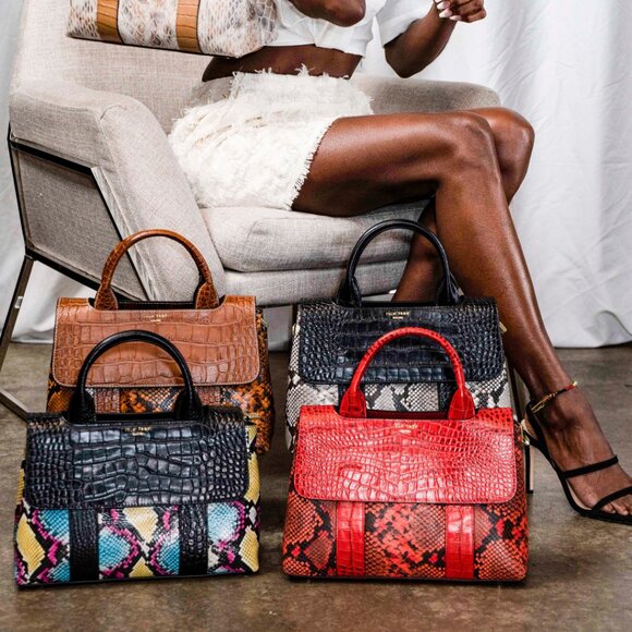 Bianca Brown Embossed Snake Top Handle Bag - Picture 2 of 8